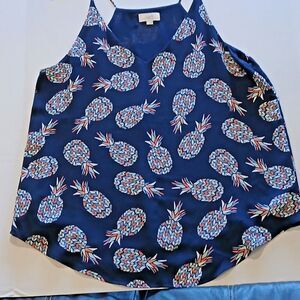 Sleeveless Loft Blouse with Colorful Pineapples. Summer Coastal Chic.